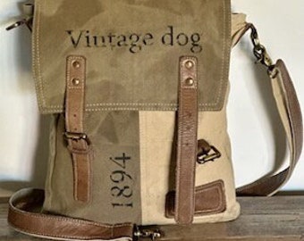 Vintage Dog Upcycled Military Tent Canvas Flap-over Messenger Bag/Handbag