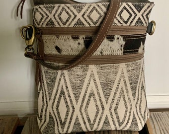 Vintage upcycled canvas & cowhide crossbody handbag
