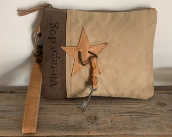 Vintage upcycled canvas and leather star/key "Vintage Dog" small wristlet handbag