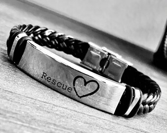 Stainless steel and braided leather "Rescue Love" adjustable unisex bracelet