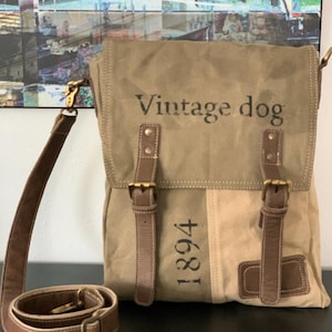 Vintage Dog Upcycled Military Tent Canvas Flap-over Messenger Bag/Handbag