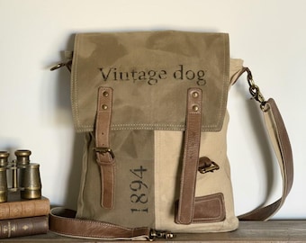 Vintage Dog Canvas Messenger Bag, 1894 Upcycled Military Style Satchel, Large Crossbody Work Bag, Rustic Leather Field Bag, Pet Lover Gift