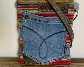 Vintage upcycled canvas/denim color block crossbody handbag - Small
