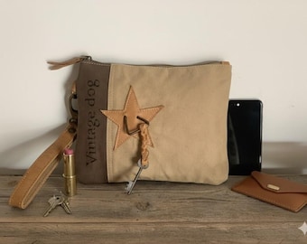 Vintage Dog Upcycled Canvas Wristlet | Military Star & Key Small Handbag, Makeup Travel Bag, Repurposed Leather Handle Clutch