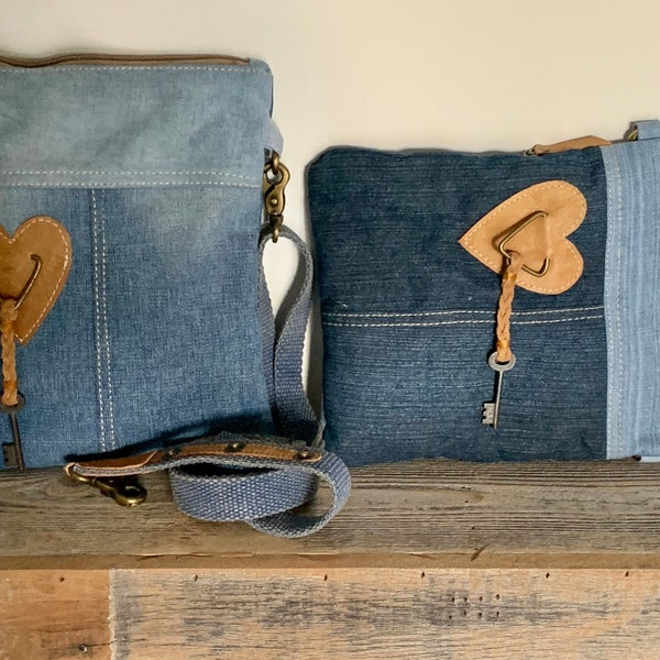 Upcycled vintage denim heart/key medium crossbody handbag