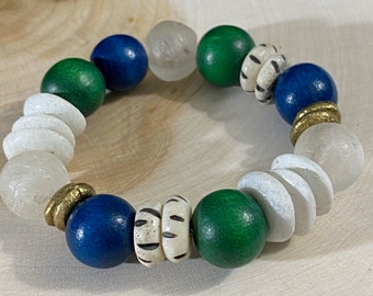 Green Blue and White African Beaded Bracelet