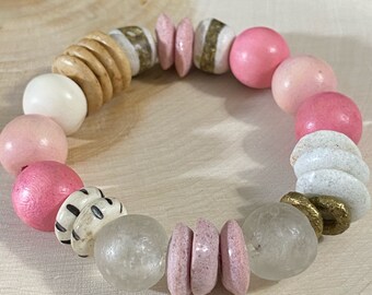 Pink and White and African Beaded Bracelet