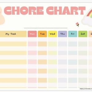 Op de afbeelding: Een takenkaart met de tekst CHORE CHART bovenaan, voorzien van een pastelkleurenpalet, een regenboog, een lachende wolk en bloemen. Het raster bevat kolommen voor My Task en de dagen van de week van maandag tot zondag met lege rijen.