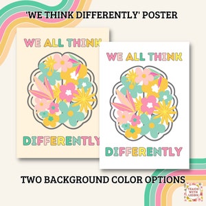 We All Think Differently Poster, Neurodivergent Classroom, ADHD Classroom, Homeschool