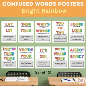 May include: Ten colorful posters with a rainbow theme, each featuring a pair of commonly confused words. The words are written in large, bold letters with definitions and examples below. The posters are titled "Confused Words Posters" and "Bright Rainbow".