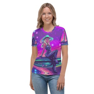 Space Cowgirl All-Over Printed Women&#39;s T-Shirt – Cosmic Western Vibes!