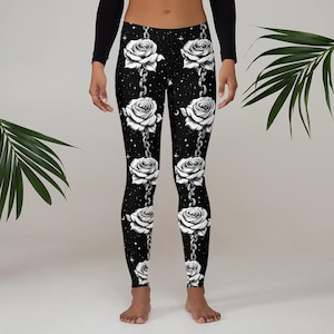 Gothic Roses Leggings: Kawaii Floral Chains Print - Black & White