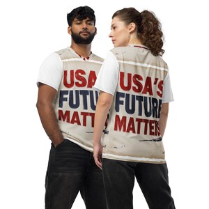 Vote Statement USA&#39;s Future Matters Presidential Elections T-Shirt Perfect Gift for Political Enthusiasts Recycled Unisex Jersey