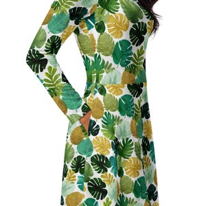 Long Sleeve Botanical Print Dress with Pockets | Fresh Green White Flared Dress | Tropical Monstera Leaf Midi Dress