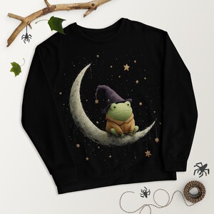 Funny Frog Witch All Over Print Sweatshirt | Whimsical Kawaii Witchcore Graphic Sweater | Magical Frog Sweatshirt | Witch Frog Graphic