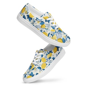 Lemon Print Lace-Up Sneakers | Amalfi Lemon Blossom Women’s Shoes | Coastal Cliff Citrus Sneakers | Mediterranean Summer Flats