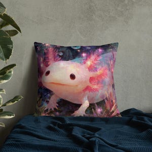 Kawaii Axolotl Premium Pillow | Smiling Pastel Pink & Lavender Plush Cushion | Axolotl Throw Pillow | Cute Underwater Creature Pillow