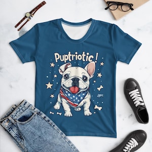 Camiseta bohemia y puptriotic para mujer del 4 de julio: camiseta con estampado de perro patriótico en rojo, blanco y azul.