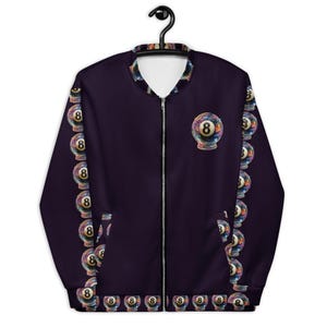 Y2K Magic 8-Ball Bomber Jacket – Neon Glow, Futuristic Digital Art, Unisex All-Over Print, Blue Black White