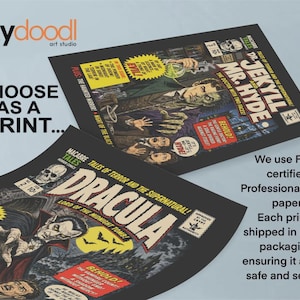 May include: Two rectangular art prints featuring vintage-style horror comic book covers. One print depicts Dr. Jekyll and Mr. Hyde, while the other shows Dracula. Both prints feature bold, colourful illustrations, dramatic text, and classic comic book aesthetics.