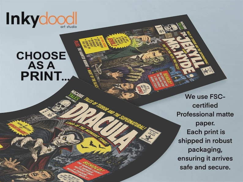 May include: Two rectangular art prints featuring vintage-style horror comic book covers. One print depicts Dr. Jekyll and Mr. Hyde, while the other shows Dracula. Both prints feature bold, colourful illustrations, dramatic text, and classic comic book aesthetics.