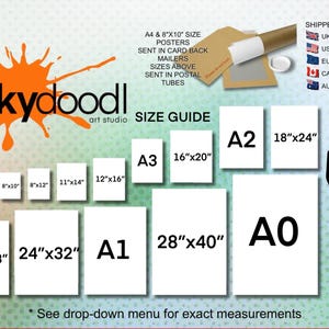 The image is a size guide for art studio prints, displaying the dimensions of various print sizes ranging from A4 to A6.