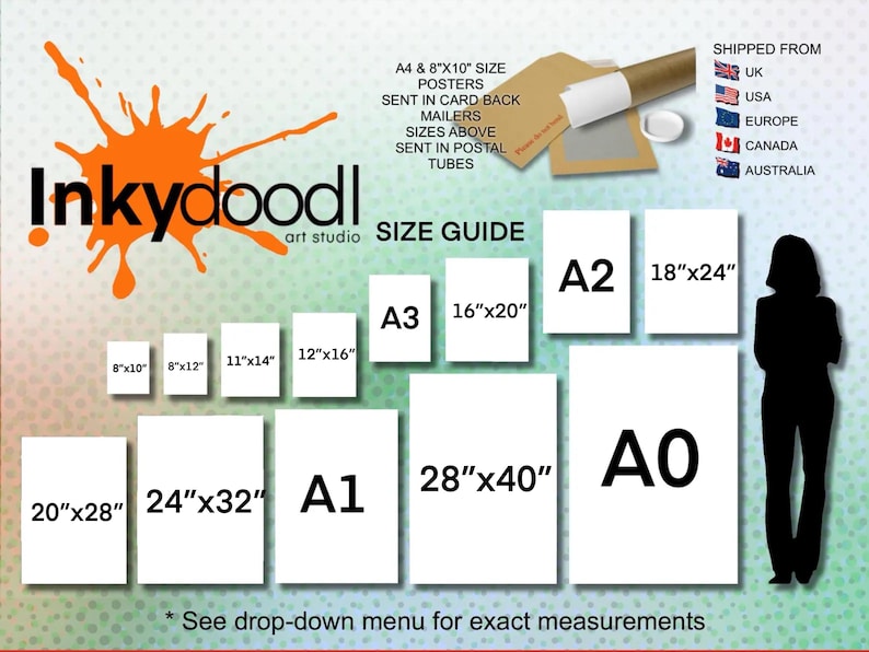The image is a size guide for art studio prints, displaying the dimensions of various print sizes ranging from A4 to A6.