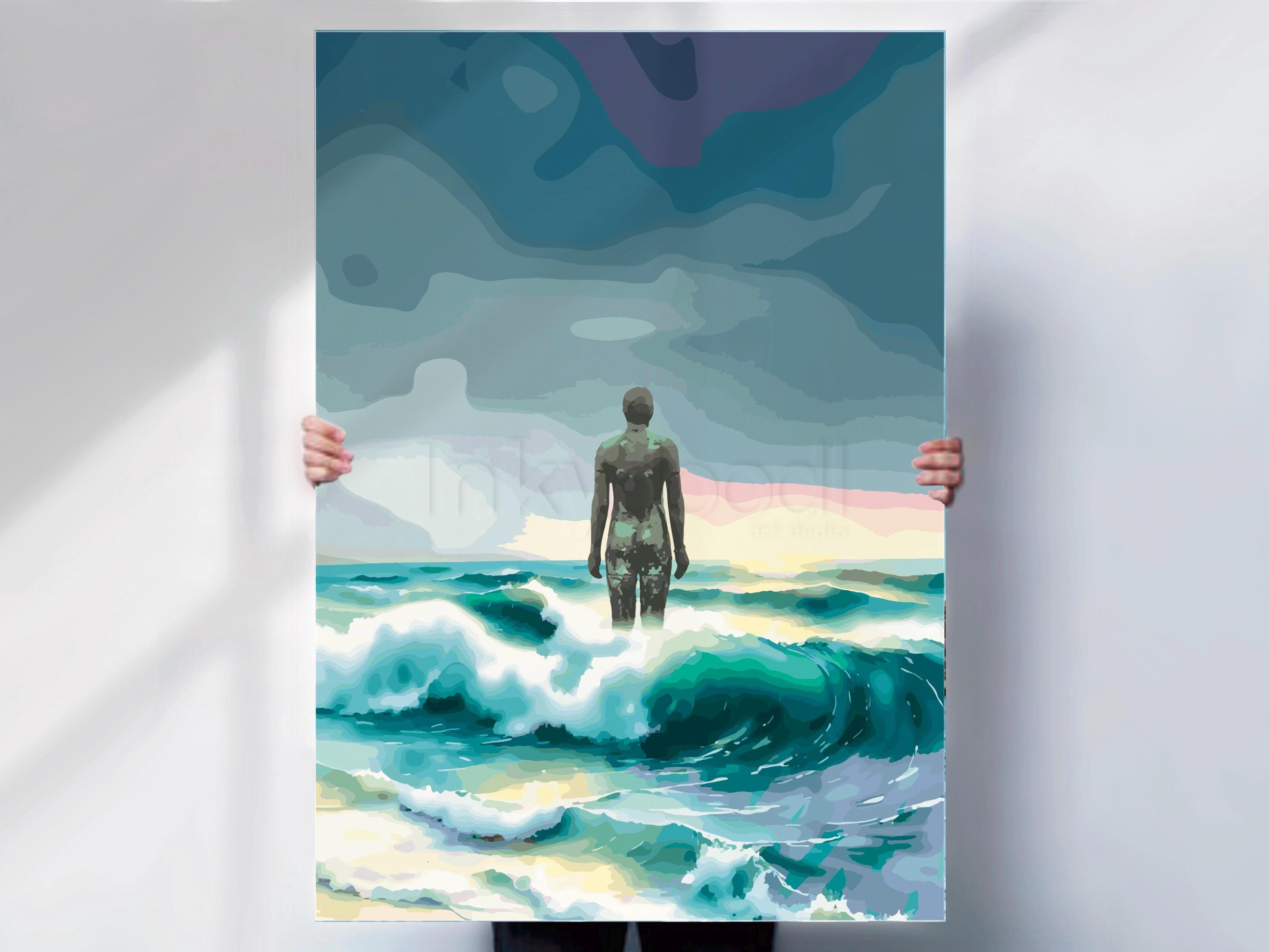 ntony Gormley Another Place Crosby Beach Print or Canvas | Moody Coastal Wall Art | Modern Seascape with Waves and Iron Statue