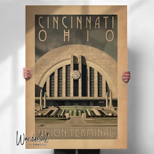 Cincinnati Ohio Travel Print - Union Terminal Art Deco Poster - Vintage Retro Style- Travel Posters