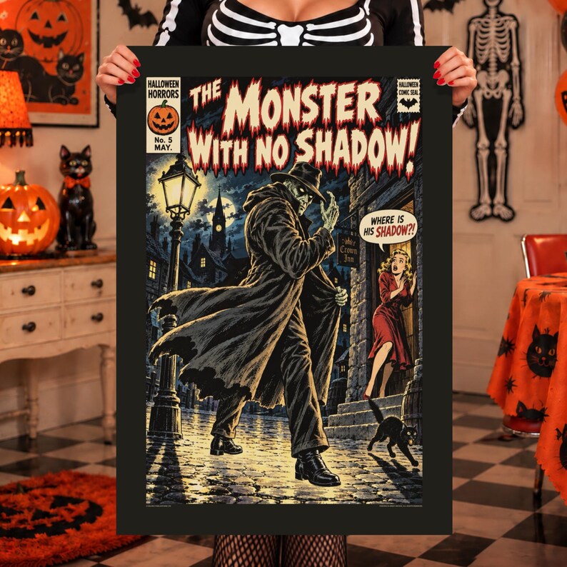 May include: A rectangular poster featuring a vintage comic book cover titled The Monster with No Shadow. The illustration depicts a man in a long dark coat and hat walking on a cobblestone street at night near a streetlamp, with a woman in a red dress standing in a doorway and a black cat nearby.