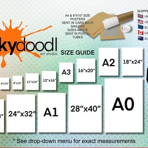 The image is a size guide for art studio prints, displaying the dimensions of various print sizes ranging from A4 to A6.