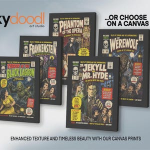 May include: A collection of four rectangular canvas prints featuring vintage-style horror comic book covers titled Terror in the Black Lagoon, Frankenstein, Phantom of the Opera, Dr. Jekyll and Mr. Hyde, and The Werewolf, with the InkyDoodl logo.