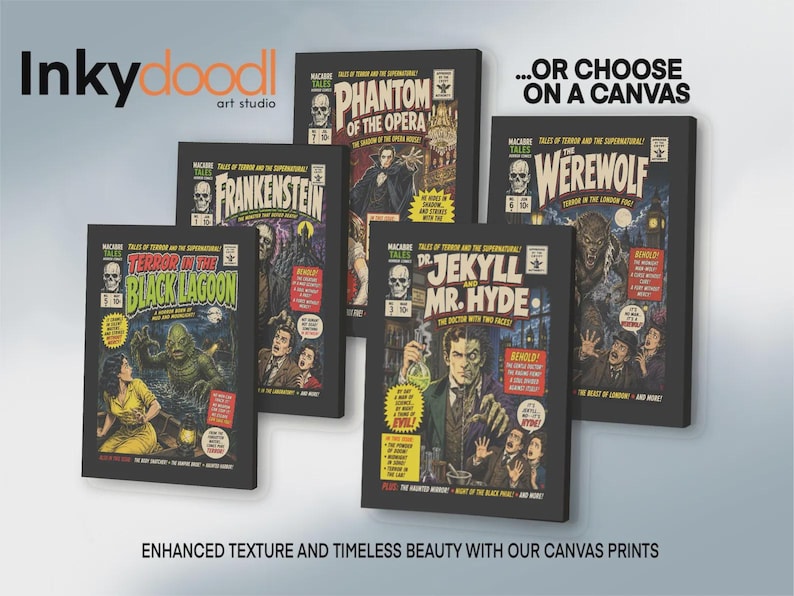 May include: A collection of four rectangular canvas prints featuring vintage-style horror comic book covers titled Terror in the Black Lagoon, Frankenstein, Phantom of the Opera, Dr. Jekyll and Mr. Hyde, and The Werewolf, with the InkyDoodl logo.