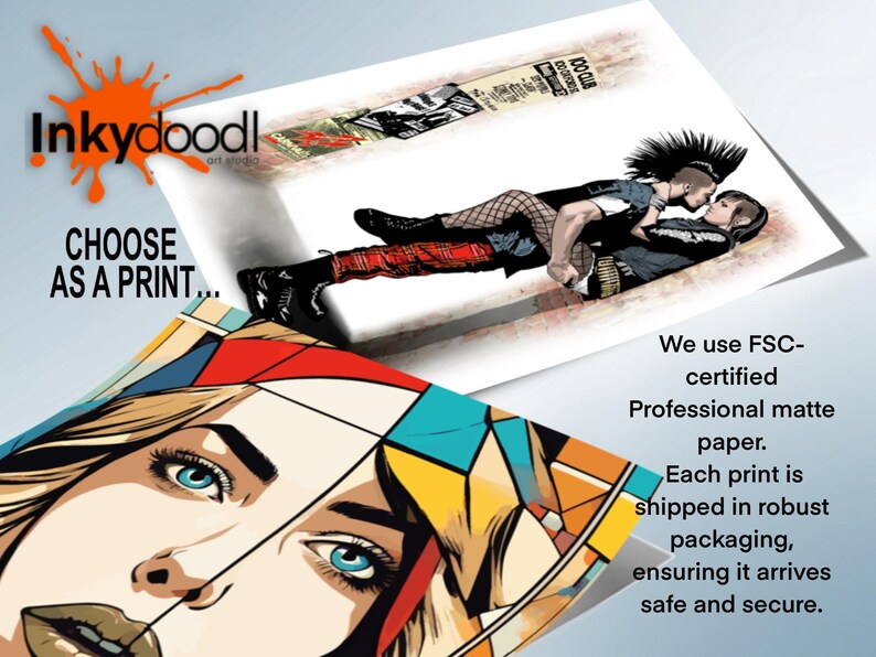 The image is an advertisement for inkdoodle art studio, featuring a close-up of a woman's face with a colorful, abstract background.