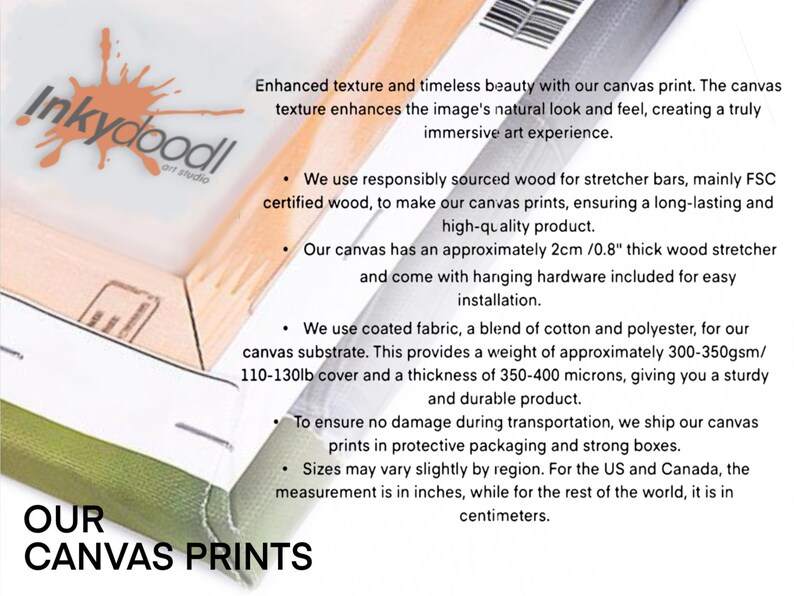 The image is a promotional material for Inkydoodle canvas prints, highlighting the enhanced texture and timeless beauty of their canvas prints.