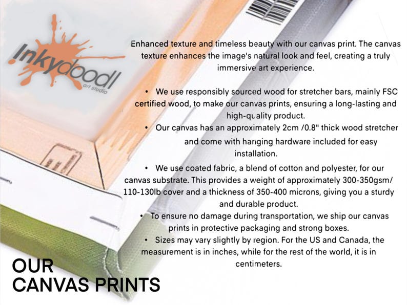 The image is a promotional material for Inkydoodle canvas prints, highlighting the enhanced texture and timeless beauty of their canvas prints.