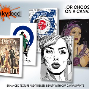 The image is a collage of various canvas prints, including a portrait of a woman, a vintage poster, and a modern illustration. The text on the image promotes the use of canvas prints to enhance the texture and timeless beauty of artwork.