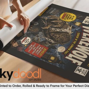 May include: A rectangular poster featuring a vintage horror comic book cover titled The Werewolf. The artwork depicts a snarling werewolf in London with Big Ben, a full moon, and text including By Day a Man, A Beast of Terror, and Behold!
