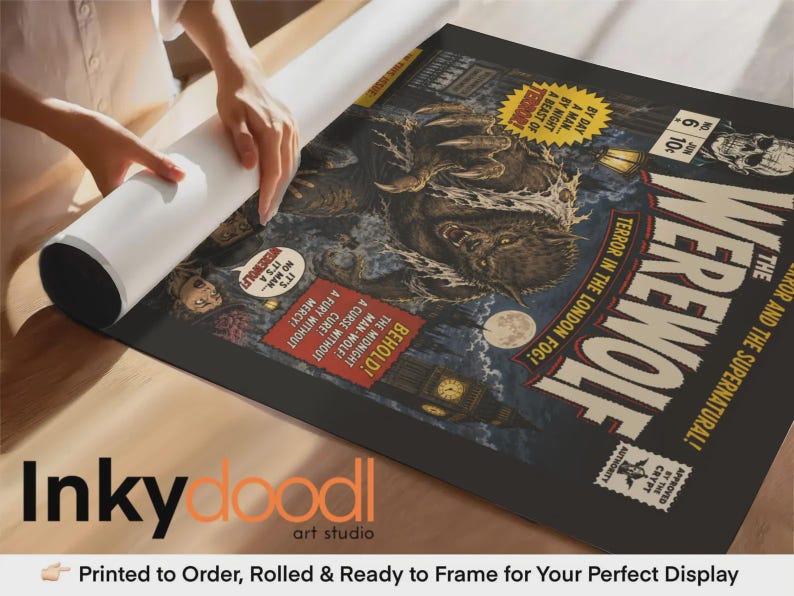 May include: A rectangular poster featuring a vintage horror comic book cover titled The Werewolf. The artwork depicts a snarling werewolf in London with Big Ben, a full moon, and text including By Day a Man, A Beast of Terror, and Behold!