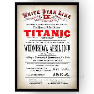 The image is a poster advertising the first sailing of the White Star Line Steamship, the Queen of the Ocean, which will take place on Wednesday, April 10th at 12 noon. The poster provides details about the event, including the date, time, location, and ticket prices.