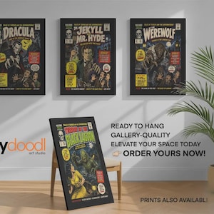 May include: Four framed posters featuring vintage-style horror comic book covers titled Dracula, Dr. Jekyll and Mr. Hyde, The Werewolf, and Terror of the Black Lagoon, displayed on a wall and on a wooden chair in a room with a potted plant.
