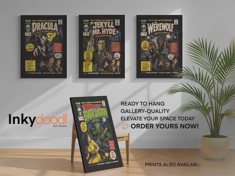 May include: Four framed posters featuring vintage-style horror comic book covers titled Dracula, Dr. Jekyll and Mr. Hyde, The Werewolf, and Terror of the Black Lagoon, displayed on a wall and on a wooden chair in a room with a potted plant.