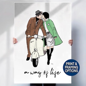 Mod Wall Art Print or Canvas | Kissing Mods Vespa Poster | 1960s Scooter Couple Illustration | Retro British Decor