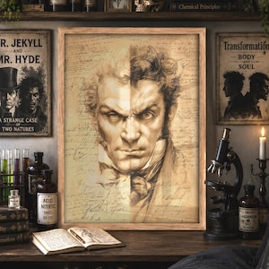 Dr Jekyll and Mr Hyde Gothic Literary Horror Print, Vintage Sketch Duality Decor
