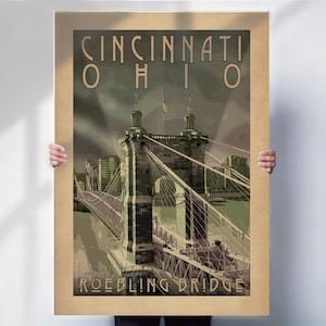 Cincinnati Roebling Bridge Travel Print - Art Deco Poster vintage Style- Travel Posters