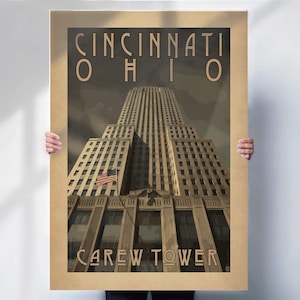 Cincinnati Carew Tower Art Deco Travel Poster: Ohio Retro Print