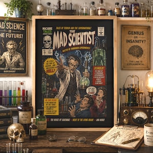 May include: A framed vintage-style comic book cover titled The Mad Scientist, featuring a scientist in a lab coat with glowing equipment, surrounded by laboratory items including a skull, glass beakers, a microscope, and a notebook with E=mc².