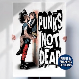 Punks Not Dead Poster Print or Canvas | Punk Couple Wall Art | Retro 70s Punk Rock Poster | Mohawk Illustration