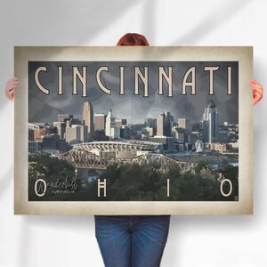 Cincinnati Ohio Travel Print - Waterfront skyline- Art Deco Poster aged Style- Travel Posters