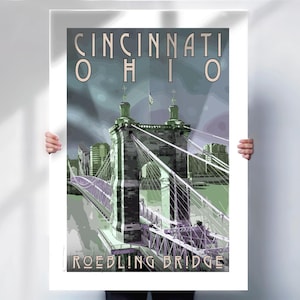 Cincinnati Roebling Bridge Travel Print - Art Deco Poster Retro Style- Travel Posters